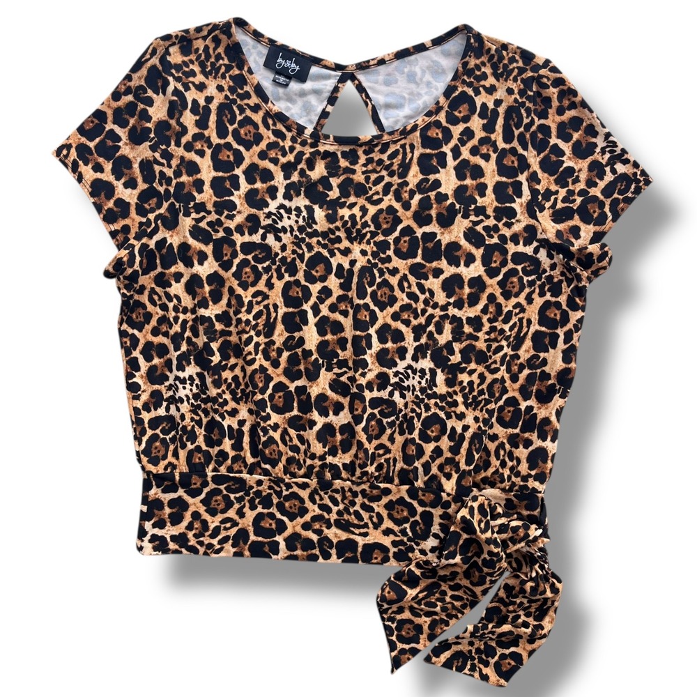 By & By Women XL Brown Leopard Print Side Tie Short Sleeve Keyhole Back Top Boho